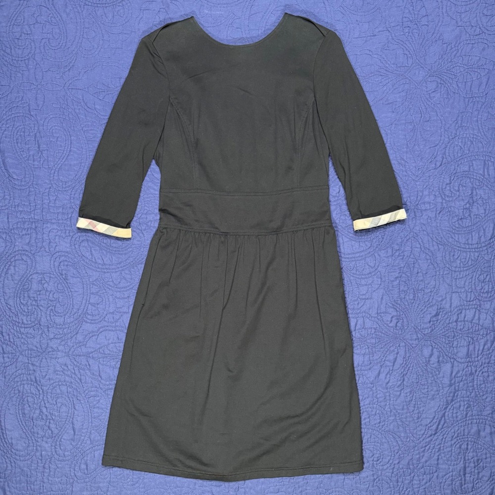 Burberry Brit Black Cotton Dress Nova Check Cuffs 3/4 Sleeve Exposed Zip XS